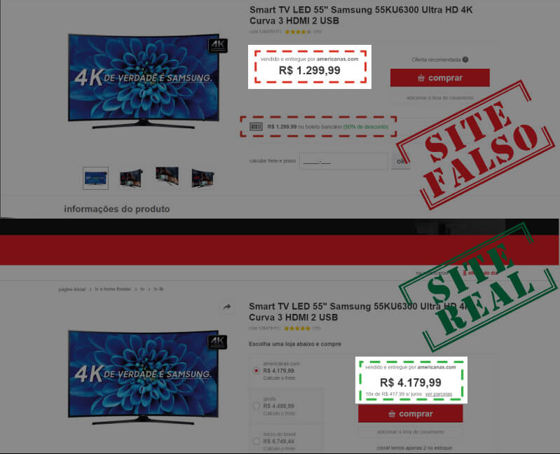 Site verdadeiro e site falso