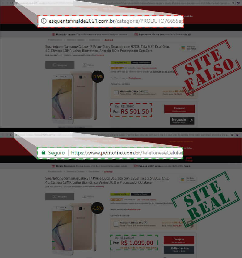 Site verdadeiro e site falso